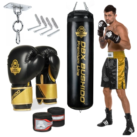 140 cm / 40 kg - Zestaw bokserski: worek treningowy Premium + rękawice bokserskie + mocowanie + owijki 
