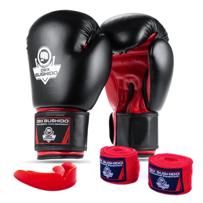Zestaw bokserski: rękawice bokserskie Classic Red + owijki + ochraniacz na szczękę | DBX Bushido