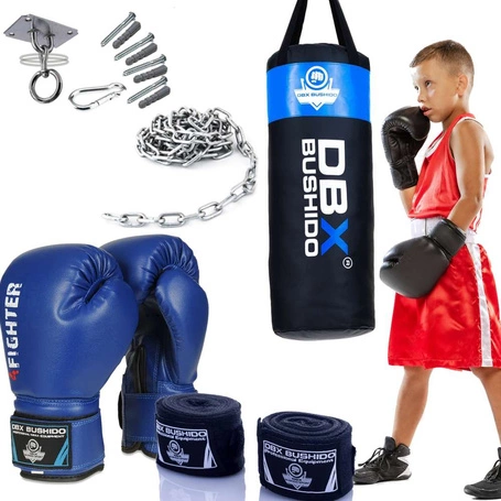 80 cm / 15 kg - Zestaw Bokserski dla Dzieci DBX Junior Niebieski + łańcuch